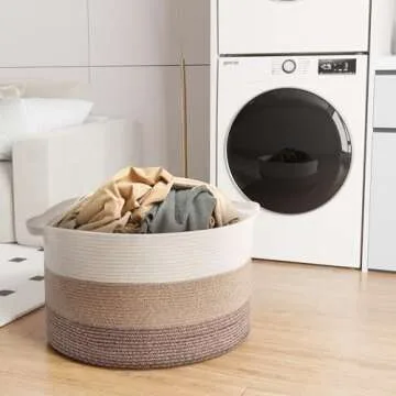 MXMHOME Large Cotton Woven Basket,22"x22"x14"Rope Basket for Living Room Baby Laundry Basket with Handle Nursery Basket Soft Storage Basket Comforter Cushions Thread Hamper