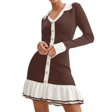 MIROL Women's Elegant Ruffle Mini Dress 2024 Fall Trendy Long Sleeve