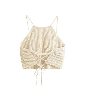 SweatyRocks Women's Sleeveless Space Dye Knit Camisole Criss Cross Backless Crop Top Beige M