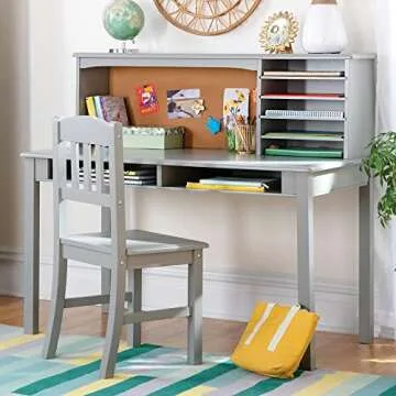Guidecraft Kids Media Desk and Chair Set - Gray: Kids Table and Chair Set, Student's Computer Workstation, Study Desk with Hutch and Storage Shelves | Kids' Wooden Bedroom Furniture Set