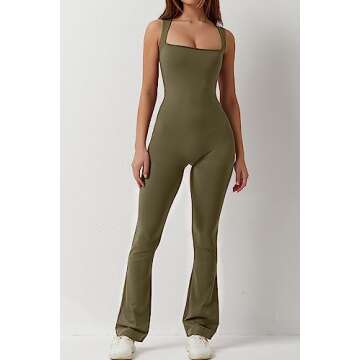 QINSEN Women's Flare Jumpsuit Square Neck Leisure Romper Playsuit Sleeveless Bodysuit Army Grenn S