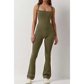 QINSEN Women's Flare Jumpsuit Square Neck Leisure Romper Playsuit Sleeveless Bodysuit Army Grenn S