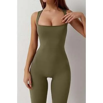 QINSEN Women's Flare Jumpsuit Square Neck Leisure Romper Playsuit Sleeveless Bodysuit Army Grenn S