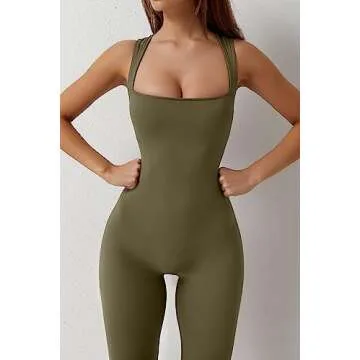 QINSEN Women's Flare Jumpsuit Square Neck Leisure Romper Playsuit Sleeveless Bodysuit Army Grenn S