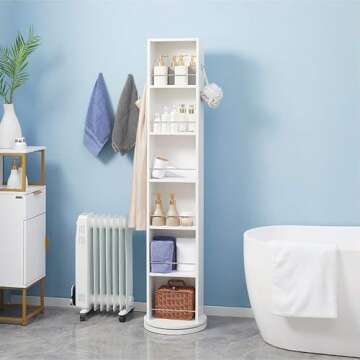 Rotating Bathroom Storage Cabinet with Full-Length Mirror, 360-Degree Swivel Design, 6 Open Shelves,...