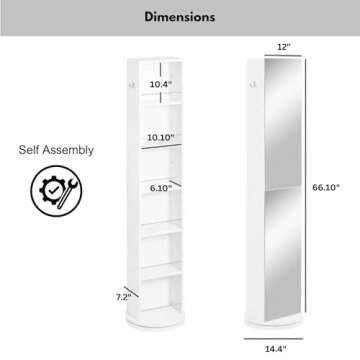 Rotating Bathroom Storage Cabinet with Full-Length Mirror, 360-Degree Swivel Design, 6 Open Shelves, Double Side Hooks, Compact Tower Organizer for Towels, Toiletries and More - White Finish