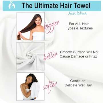 Hair RePear Anti Frizz Premium Cotton Hair Towel Enhances Healthy Natural Hair - Plop Wrap Scrunch Curly Wavy or Straight Hair -Extra Long Thick Hair