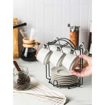 YHOSSEUN Espresso Cups with Saucers and Metal Stand, 4 Oz Ceramic Expresso Shots Cup Espresso Small Coffee Cups Set of 6, Beige