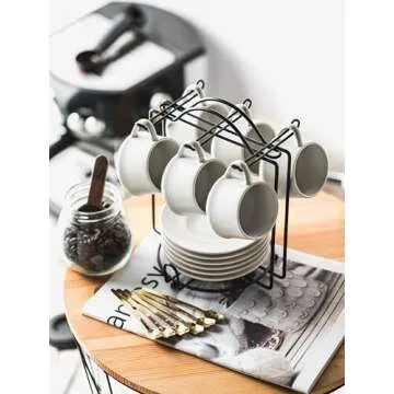 YHOSSEUN Espresso Cups with Saucers and Metal Stand, 4 Oz Ceramic Expresso Shots Cup Espresso Small Coffee Cups Set of 6, Beige