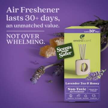 Enviroscent Non-Toxic Air Freshener for Home (Lavender Tea & Honey) Essential Oil Diffuser | Air Freshener | Home Fragrance Last Over 30 Days | 1 Mango Wood Stand & 1 Scent Stix Refill Kit