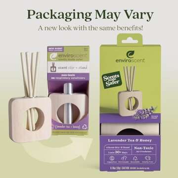 Enviroscent Non-Toxic Air Freshener for Home (Lavender Tea & Honey) Essential Oil Diffuser | Air Freshener | Home Fragrance Last Over 30 Days | 1 Mango Wood Stand & 1 Scent Stix Refill Kit