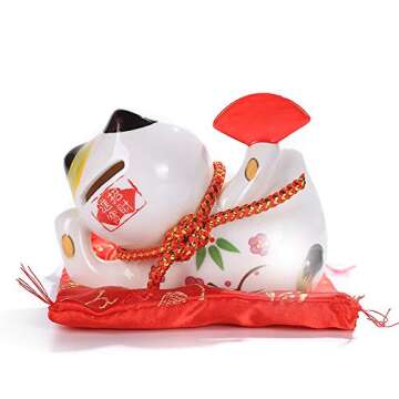 Maneki Neko Lucky Cat Coin Bank - White Ceramic Fortune Cat