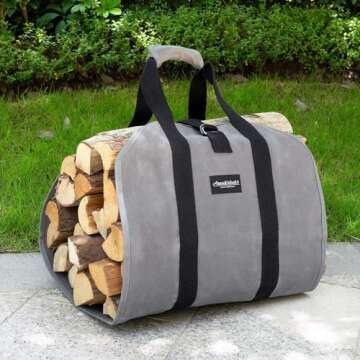 Amagabeli Firewood Carrier Tote Waxed Canvas Log Tote Carrying Bag Wood Carrier Bag with Handles Security Strap for Camping Indoor Firewood Logs Tote Log Holder Birchwood Stand Gray BG291