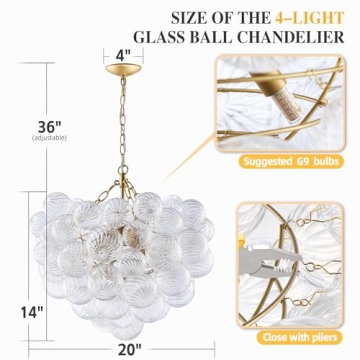 Longree Nordic Bubble Ball Swirled Glass Chandelier, Dia 20 inch Gild Gold and Clear Blown Glass Small Pendant Light Fixture for Bedroom Study Restaurant