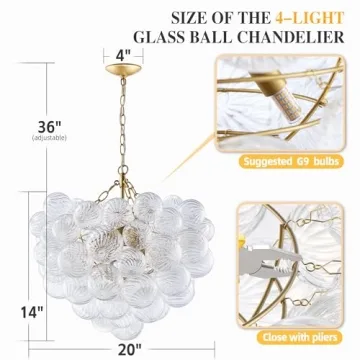 Longree Nordic Bubble Ball Swirled Glass Chandelier, Dia 20 inch Gild Gold and Clear Blown Glass Small Pendant Light Fixture for Bedroom Study Restaurant