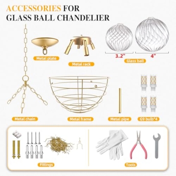 Longree Nordic Bubble Ball Swirled Glass Chandelier, Dia 20 inch Gild Gold and Clear Blown Glass Small Pendant Light Fixture for Bedroom Study Restaurant