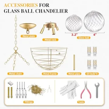Longree Nordic Bubble Ball Swirled Glass Chandelier, Dia 20 inch Gild Gold and Clear Blown Glass Small Pendant Light Fixture for Bedroom Study Restaurant