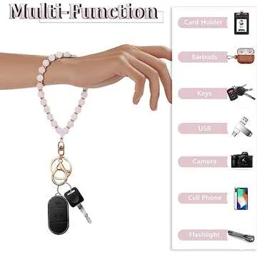 Lostars Beaded Keychain Wristlet 14k Gold Wrist Keychain Bracelet Cute Keychain Accessories Car Key Chain Bracelet for Women (Stone, Pink Crystal)