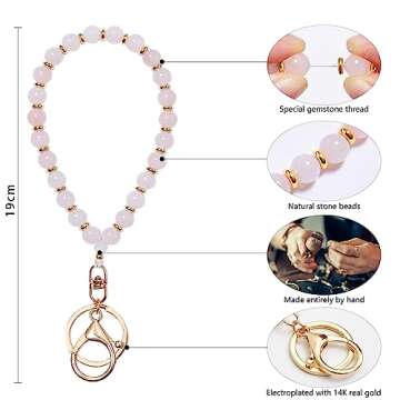 Lostars Beaded Keychain Wristlet 14k Gold Wrist Keychain Bracelet Cute Keychain Accessories Car Key Chain Bracelet for Women (Stone, Pink Crystal)