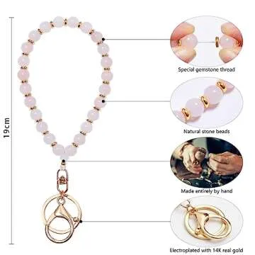 Lostars Beaded Keychain Wristlet 14k Gold Wrist Keychain Bracelet Cute Keychain Accessories Car Key Chain Bracelet for Women (Stone, Pink Crystal)