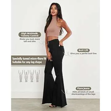 BISUAL Women's Fashion High Rise Jeans Slimming Wide Leg Stretch Denim Flare Bellbottom Jeans (Black, US 6)