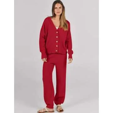 Caracilia Women's 2 Piece Outfits Lounge Set V Neck Cardigan Sweater Pants Sets Knit Matching Lounge...