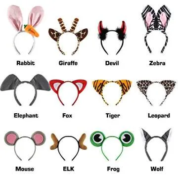 12 Pack Plush Animal Headbands for Party Favor, Jungle Animal Ear Horn Hair Hoop, Idea on Kid and Adult Birthday, Halloween decoration, Dress-Up Safari Themed Parties Supplies, Christmas Gift