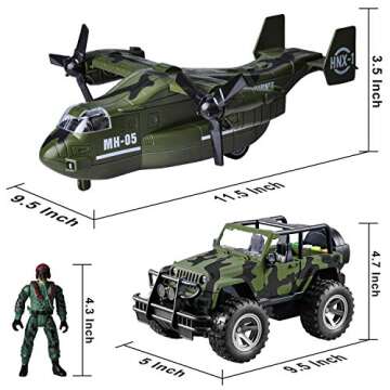 JOYIN Military Vehicle Toy Set of Friction Powered Transport Airplane and Military Truck with Light and Sound Sirens and Soldier Army Men Action Figures for Kids