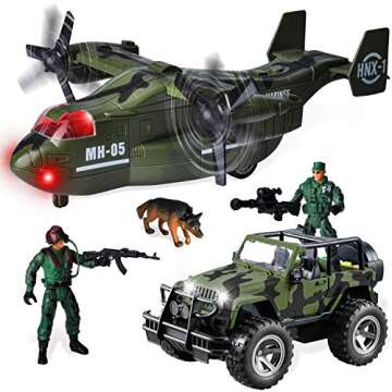 JOYIN Military Vehicle Toy Set of Friction Powered Transport Airplane and Military Truck with Light and Sound Sirens and Soldier Army Men Action Figures for Kids