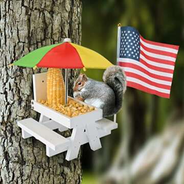 Squirrel Feeder Picnic Table with Colorful Umbrella, Wooden Squirrel Table Feeder Outside Funny with...