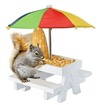 Squirrel Feeder Picnic Table with Colorful Umbrella, Wooden Squirrel Table Feeder Outside Funny with Corn Cob Holder for Yard and Porch Decoration, Easy to Fill Peanuts in Shell and Nuts