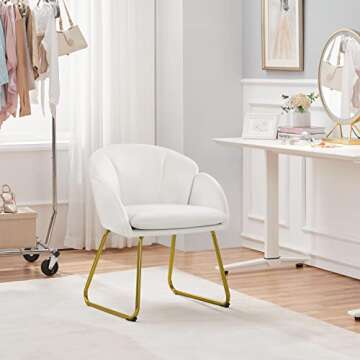 Yaheetech Modern Velvet Vanity Chair Armchair, Flower Shaped Makeup Chair with Golden Metal Legs for Living Room/Makeup Room/Bedroom/Home Office/Kitchen, White