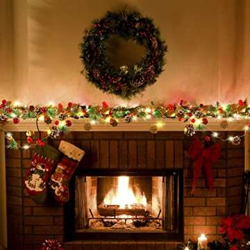 Christmas Garland with Lights,10 FT 30 LED Christmas Pinecone String Lights Battery Operated,Christmas Garland, Christmas Lights Indoor for Home Fireplace Mantel Xmas Decor