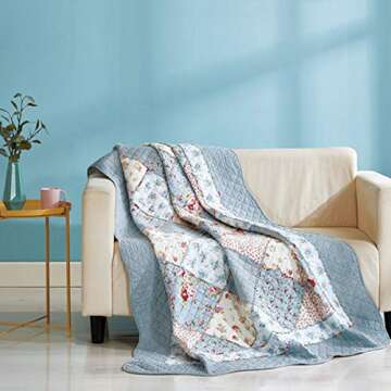 Cozyholy Original 100% Cotton Patchwork Quilt Blue Floral Bedspread Coverlet Reversible Vintage Shab...