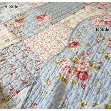 Cozyholy Original 100% Cotton Patchwork Quilt Blue Floral Bedspread Coverlet Reversible Vintage Shabby Chic Quilted Throw Blanket Bed Quilt Cover for Couch Sofa