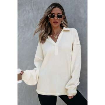 AlvaQ Oversized Sweatshirts Fall Outfits for Women 2024 Casual Waffle Knitted Long Sleeve V-Neck Pol...