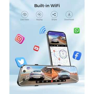 AZDOME PG17 WiFi Rear View Mirror Camera, 12" Mirror Dash Cam, Dual Camera 2.5K Front and 1080P Rear...