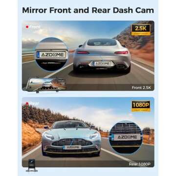AZDOME PG17 WiFi Rear View Mirror Camera, 12" Mirror Dash Cam, Dual Camera 2.5K Front and 1080P Rear Camera for Car, Free 64GB TF Card, Waterproof Backup Camera Night Vision, Parking Assistance GPS