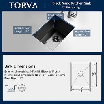 TORVA Bar Sink,TORVA 14 x 18 Inch Undermount Kitchen Sink,Gloss Black PVD Coated Gunmetal Sink,16 Gauge 304 Stainless Steel Single Bowl Wet Bar or Prep Sink with Zero-Radius Corners,Dark Gray