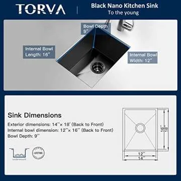 TORVA Bar Sink,TORVA 14 x 18 Inch Undermount Kitchen Sink,Gloss Black PVD Coated Gunmetal Sink,16 Gauge 304 Stainless Steel Single Bowl Wet Bar or Prep Sink with Zero-Radius Corners,Dark Gray