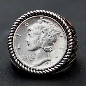 Authentic US 1942 Mercury Dime Silver Coin Signet Ring - Antique Olive Leaf Design - Size 7