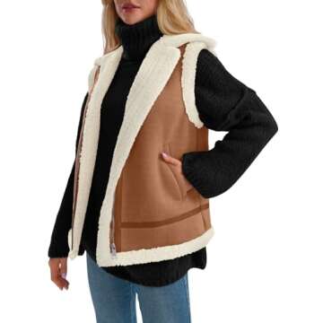 AUTOMET Womens Winter Suede Sherpa Lined Leather Vest Jacket 2025 Faux Zip Up Sleeveless Lambwool Fur Coat with Pockets Outerwear Brown XL