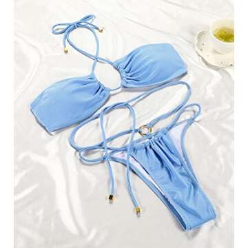 Women Cheeky Bikini Set Halter Thong Solid Color Adjustable Cinched String Two Piece Brazilian Swimsuit Triangle Bathing (Medium, Blue)