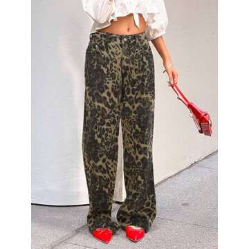 POTILI Womens Straight Leg Jeans, Leopard Print Cheetah Jeans for Women Trendy Baggy Wide Leg Loose ...