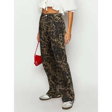 POTILI Womens Straight Leg Jeans, Leopard Print Cheetah Jeans for Women Trendy Baggy Wide Leg Loose Fit Y2K Denim Pants