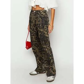 POTILI Womens Straight Leg Jeans, Leopard Print Cheetah Jeans for Women Trendy Baggy Wide Leg Loose Fit Y2K Denim Pants