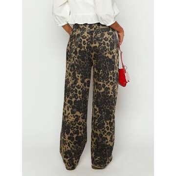 POTILI Womens Straight Leg Jeans, Leopard Print Cheetah Jeans for Women Trendy Baggy Wide Leg Loose Fit Y2K Denim Pants