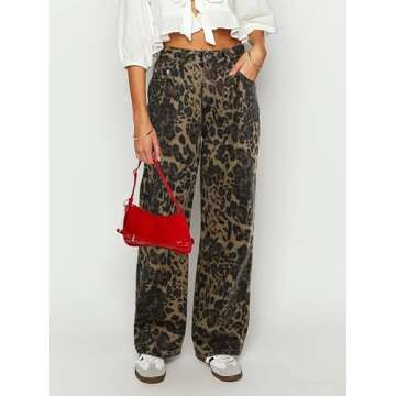 POTILI Womens Straight Leg Jeans, Leopard Print Cheetah Jeans for Women Trendy Baggy Wide Leg Loose Fit Y2K Denim Pants