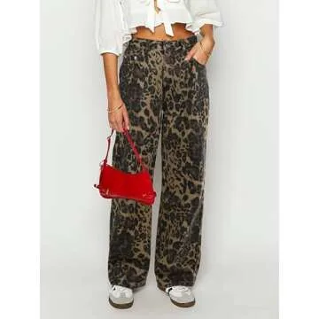 POTILI Womens Straight Leg Jeans, Leopard Print Cheetah Jeans for Women Trendy Baggy Wide Leg Loose Fit Y2K Denim Pants