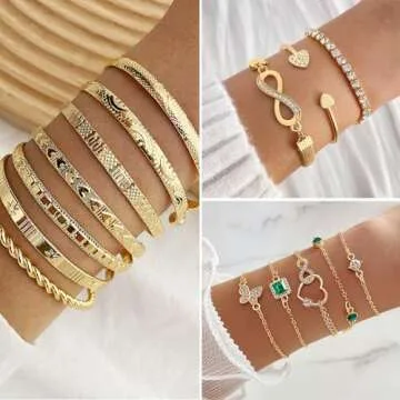 IFKM Gold Jewelry Set For Women, 14k Gold Plated Multi Layer Necklaces Bracelets Stackable Knuckle Rings Hoop Earrings set, Trendy Elegance Charms Non Tarnish Minimalist Textured Boho Jewelry Gift